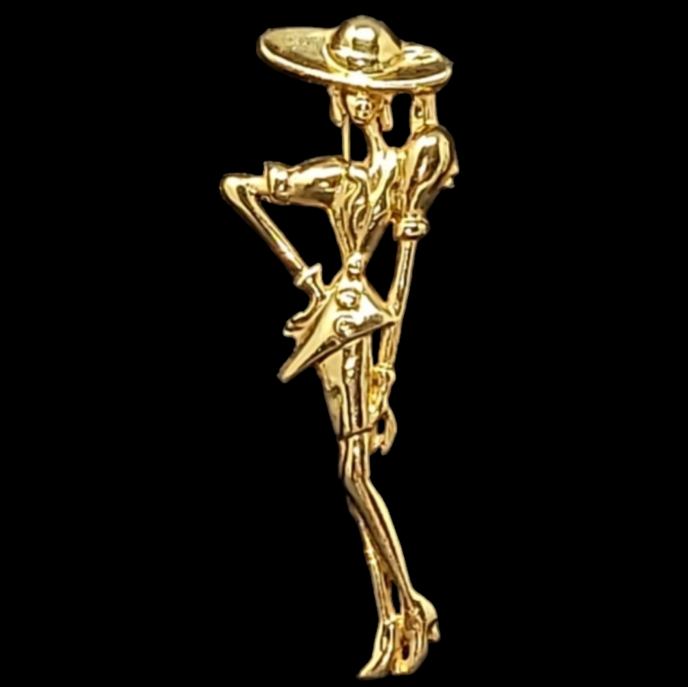 VINTAGE SLENDER WOMAN "LADY WITH A HAT" GOLD TONE BROOCH - Picture 1 of 5